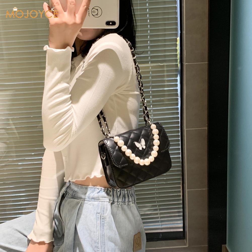 Gitter Muster Umhängetasche Frauen Schmetterling PU Leder Perle Klappe Schulter Messenger Handtaschen Casual Telefon Beutel