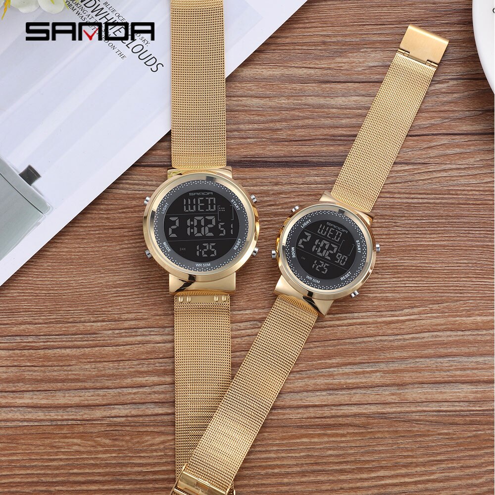 Sanda koppelhorloge led digitaal dames herenhorloge roestvrij staal mesh riem waterdichte liefhebbers horloges relogio masculino: Paar goud