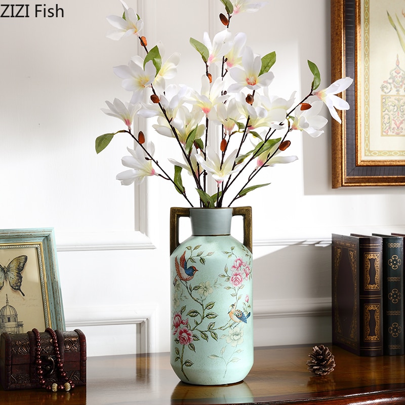 American Ceramics Vase Flower Pattern Rustic Home Decor Desktop Floral Arrangement Flowers Vases Antique Decorative Ornaments