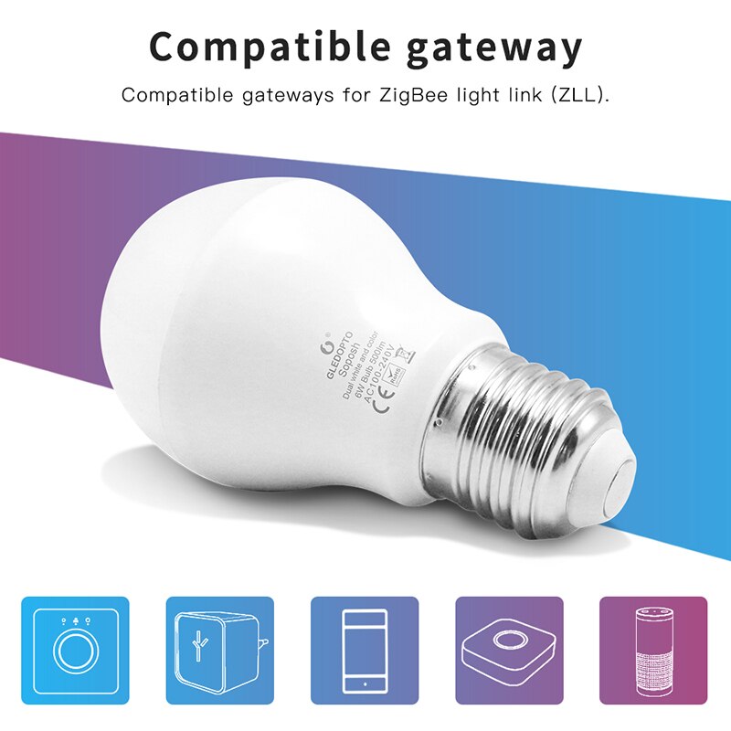 Gledopto led 6w rgb+cct led pære zigbee smart led pære  e27 ac100-240v ww/cw rgb led pære dimbar lys dobbel hvit og farge
