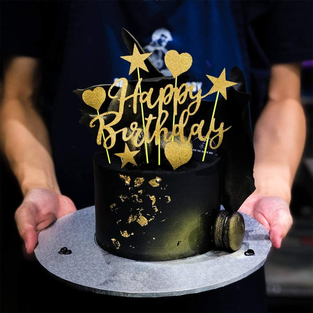 Gold birthday party decoration happy birthday banner balloon gold triangle logo bunting heart star confetti balloon cake top hat