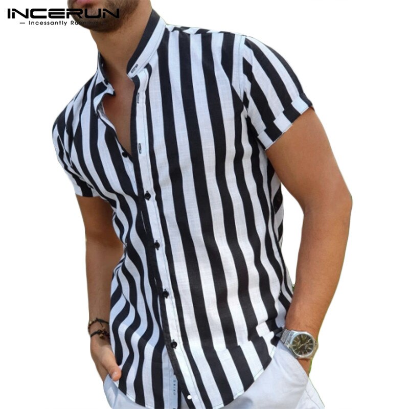 Men Striped Shirt Brand Stand Collar Streetwear Short Sleeve Button Casual Camisas Summer Men Clothing INCERUN S-5XL