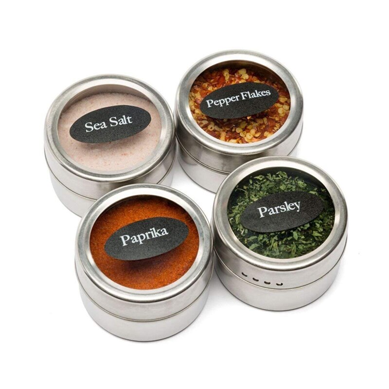 Magnetic Stainless Steel Spice Jars Tins Set with Clear Lid Labels Sticker Seasoning Pepper Spice Storage Container Jars