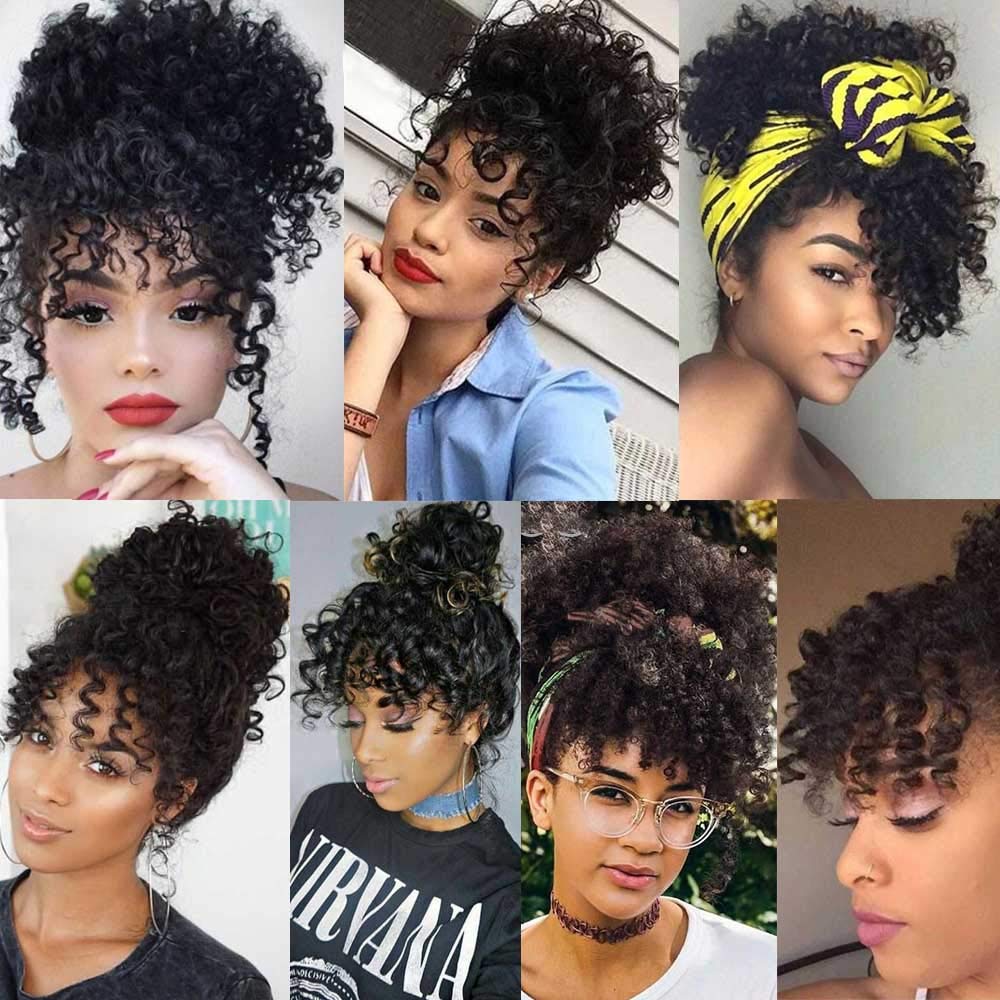 G & T Perruque Synthétique Frange Bouclée pour Femmes Noires Court Afro Crépus Bouclés Frange Clip en Frange (1B, Frange Unique) Utilisation Quotidienne