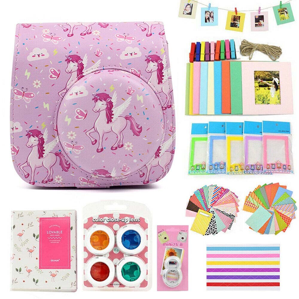 Fujifilm Instax Mini Case Bag Camera Accessories Kit Photo Album Lens Filters Stickers For Instax Mini 8 Mini 9 Instant Camera: Unicorn Pink