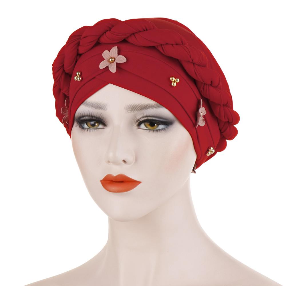 Gorros dorados 3d flor estilo africano sombrero con cuentas musulmana accesorios para el pelo turbante mujer sólida trenzada Banda TUB002