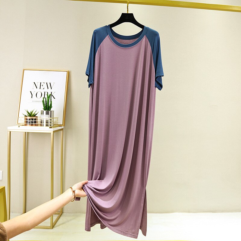 Modal Plus Size Long T Shirt Nightie Nightgowns For Women Short Sleeve Fluffy Nightshirt For Old Lady Elderly Sleep Gowns Dress: 4 / XL
