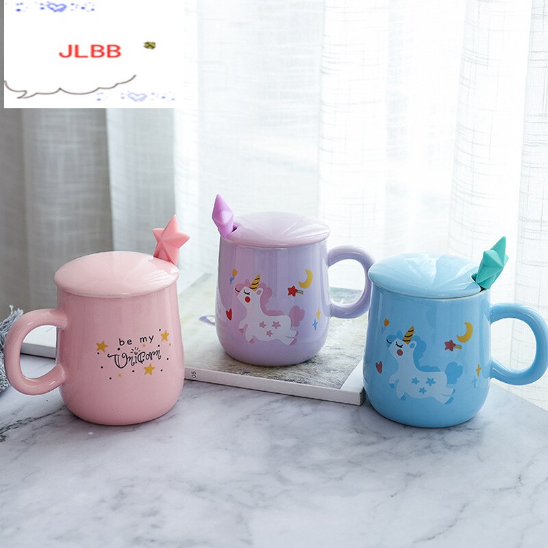 Cartoon Eenhoorn Koffie Mok Met Deksel En 3D Ster Lepel Roze Koffie Melk Thee Cup Voor Meisjes