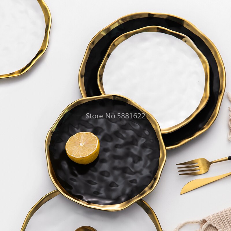 Ceramic Dinner Plate Gold Inlay Snack Dishes Luxury Gold Edges Plate Dinnerware Kitchen Plate Black White Tray TablEware Set