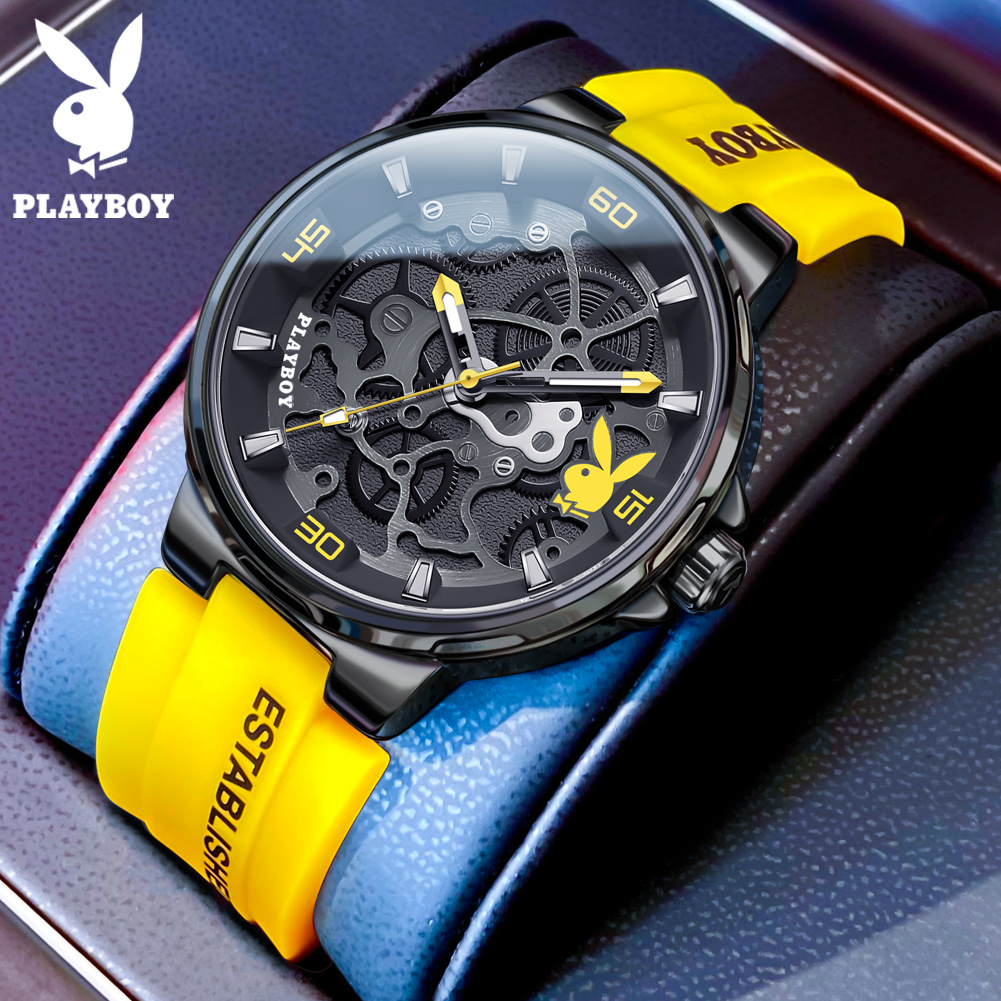 PLAYBOY, relojes clásicos originales de para hombre, relojes luminosos de lujo con correa de silicona resistente al agua para hombre: Bronze