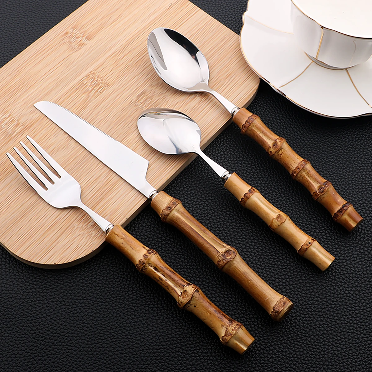 16 Stuks Natuur Bamboe Handvat Bestek Rvs Servies Sets Mes Vork Lepel Puur Natuurlijke Bamboe Servies Set
