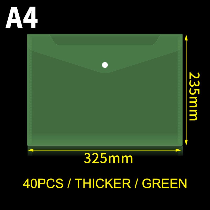 40pcs Transparent Plastic A4 Folders File Bag Document Hold Bags Folders Filing Paper Storage Office School Supplies: Green