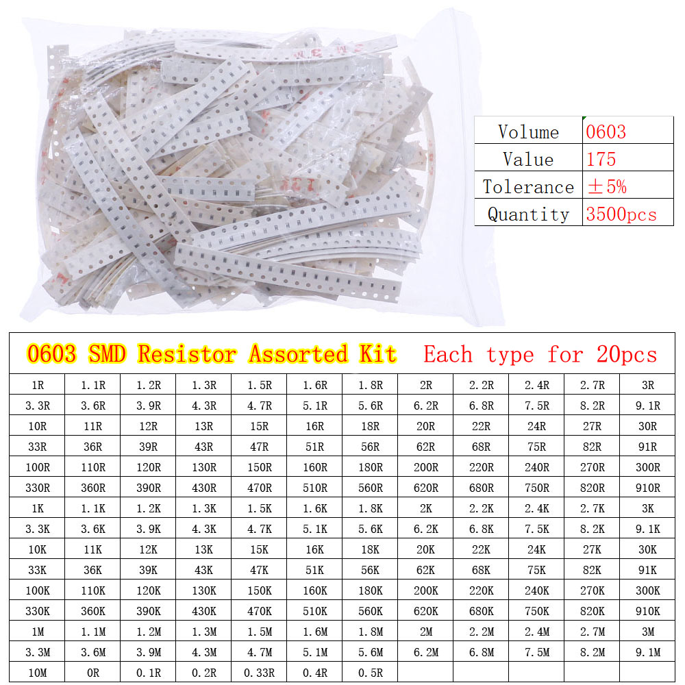 0402 0603 0805 1206 2512 SMD Chip Fixed Resistor 0ohm-10Mohm Assortment Kit pack: SKY BLUE