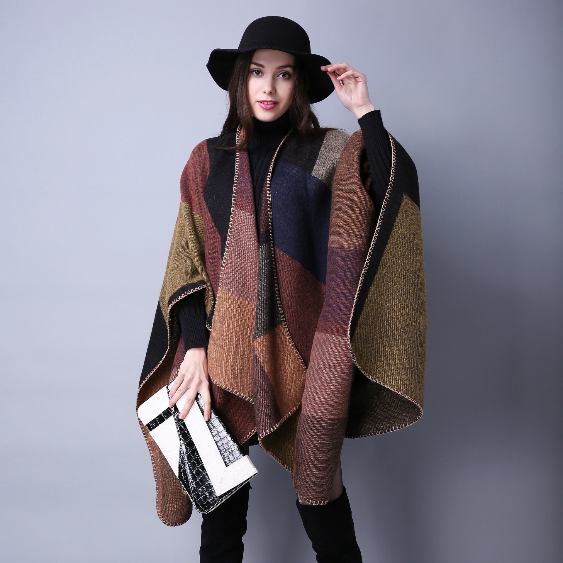 Hiver femmes réversible surdimensionné couverture Plaid pull Poncho Cape châle et enveloppes Cardigans épaissir pashmina écharpe