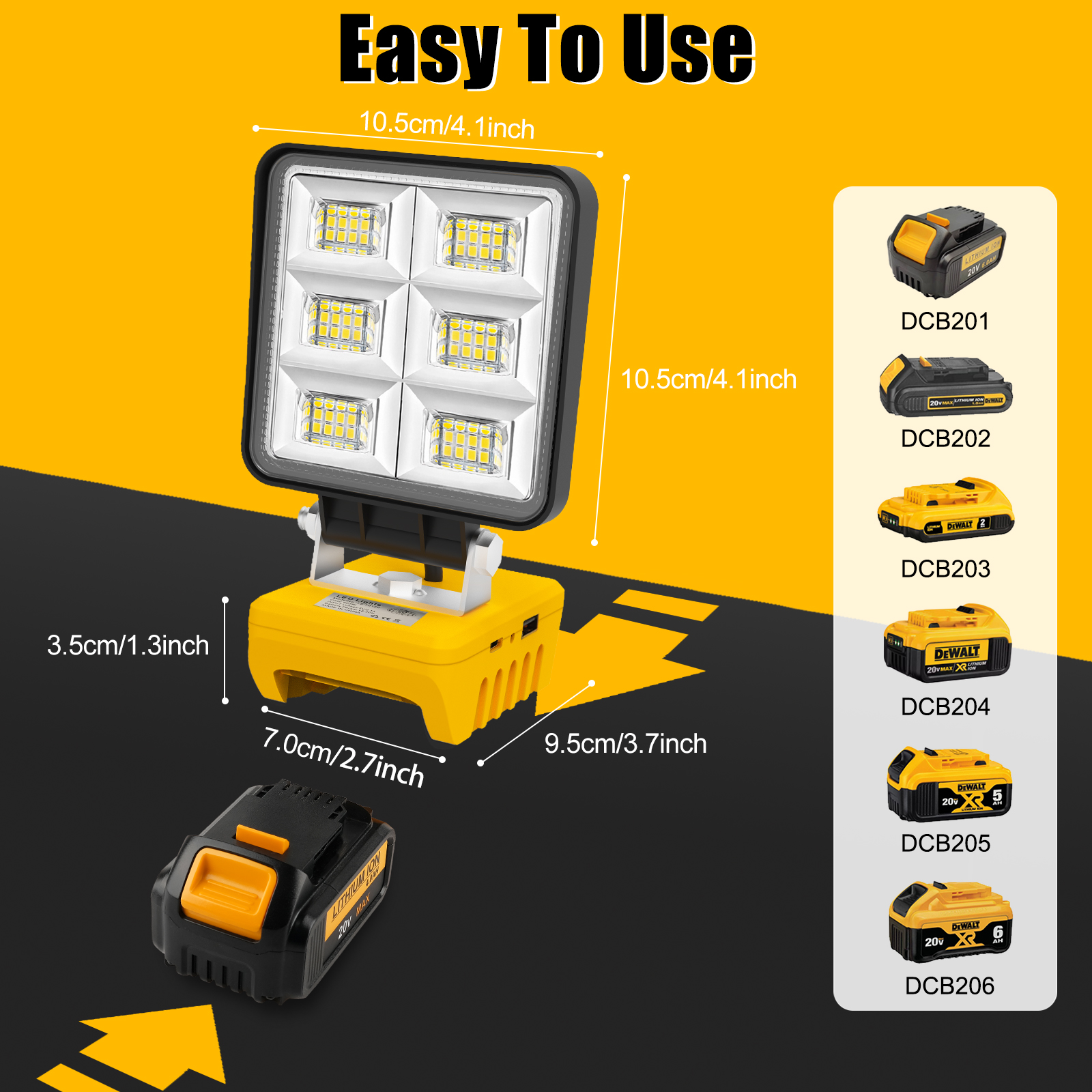Portátil 48w 5200lm led luz de trabalho sem fio luz de trabalho base ajustável recarregável led holofote para dewalt sem bateria
