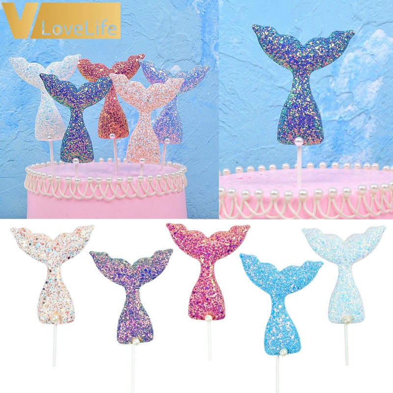 Glittering Mermaid Tail Cake Topper Under The Sea Ocean Theme Birthday Party Sequin Cupcake Decor Wedding Baby Shower Supplies