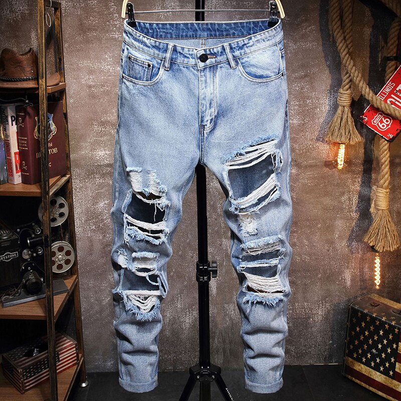 Ripped Men Jeans Trendy Denim Knee Hole Trousers C. Grandado