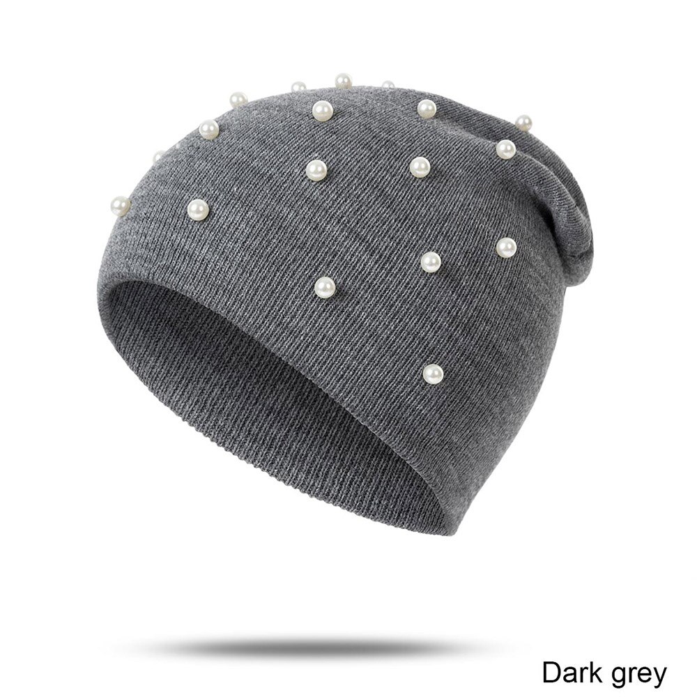 TRUENJOY-gorros de perlas para Otoño e Invierno para mujer, sombrero de punto con solidos y solidos, para sombreros invierno Mujer: dark grey