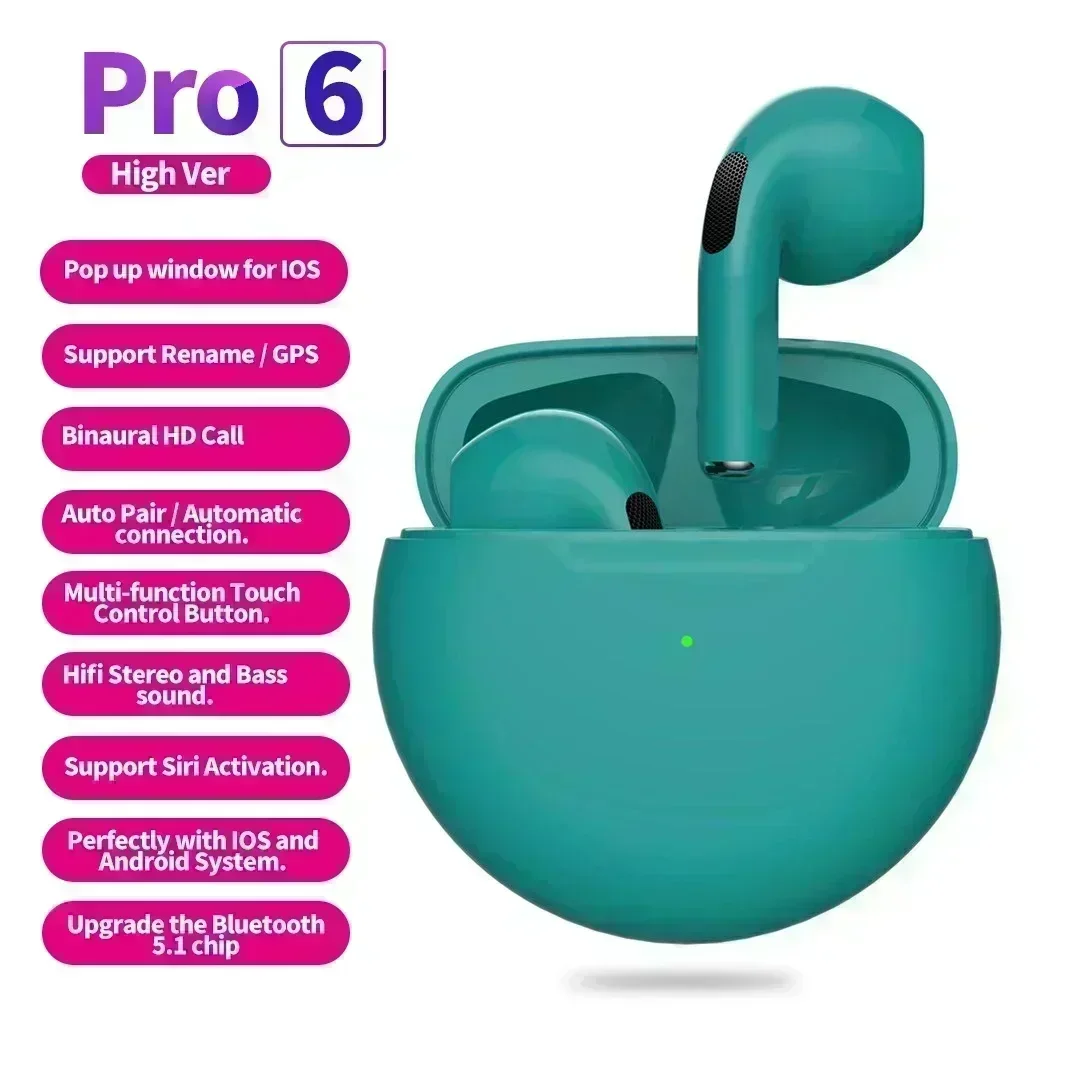 Air Pro 6 TWS Drahtlose Kopfhörer mit Mikrofon Fone Bluetooth Kopfhörer Sport Lauf Headset für Apple iPhone Xiaomi Pro6 Ohrhörer: green