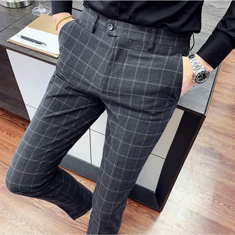 Heren zakelijke broek zomer heren broeken kleding en enkel slank knoop ademende man raster jurk broek kleding 28-36