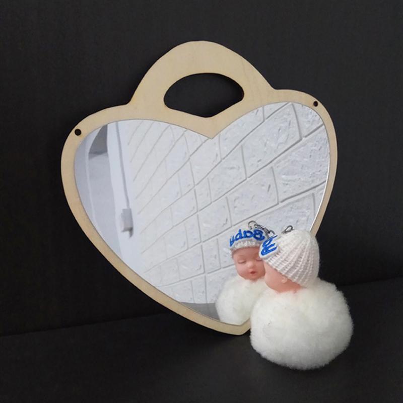 1pc Wall Mirror Wooden Frame Acrylic Heart-shaped Hanging Mirror for Bedroom Bathroom Living Room