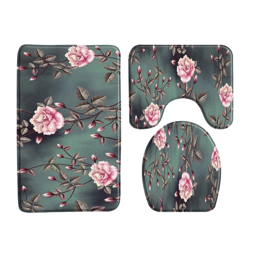 3Pcs Set Chinese Style Red Plum Fish Bamboo Printing Bath Mat Bedroom Kitchen Non-Slip Carpet Toilet Cover Rug Shower Room Decor