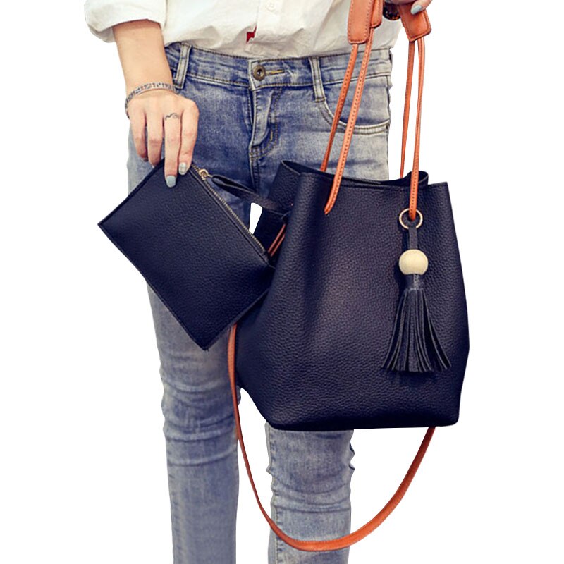 Newly Women Shoulder Bag with Handbag Set Tote Messenger Satchel Crossbody Bags CLA88: Black