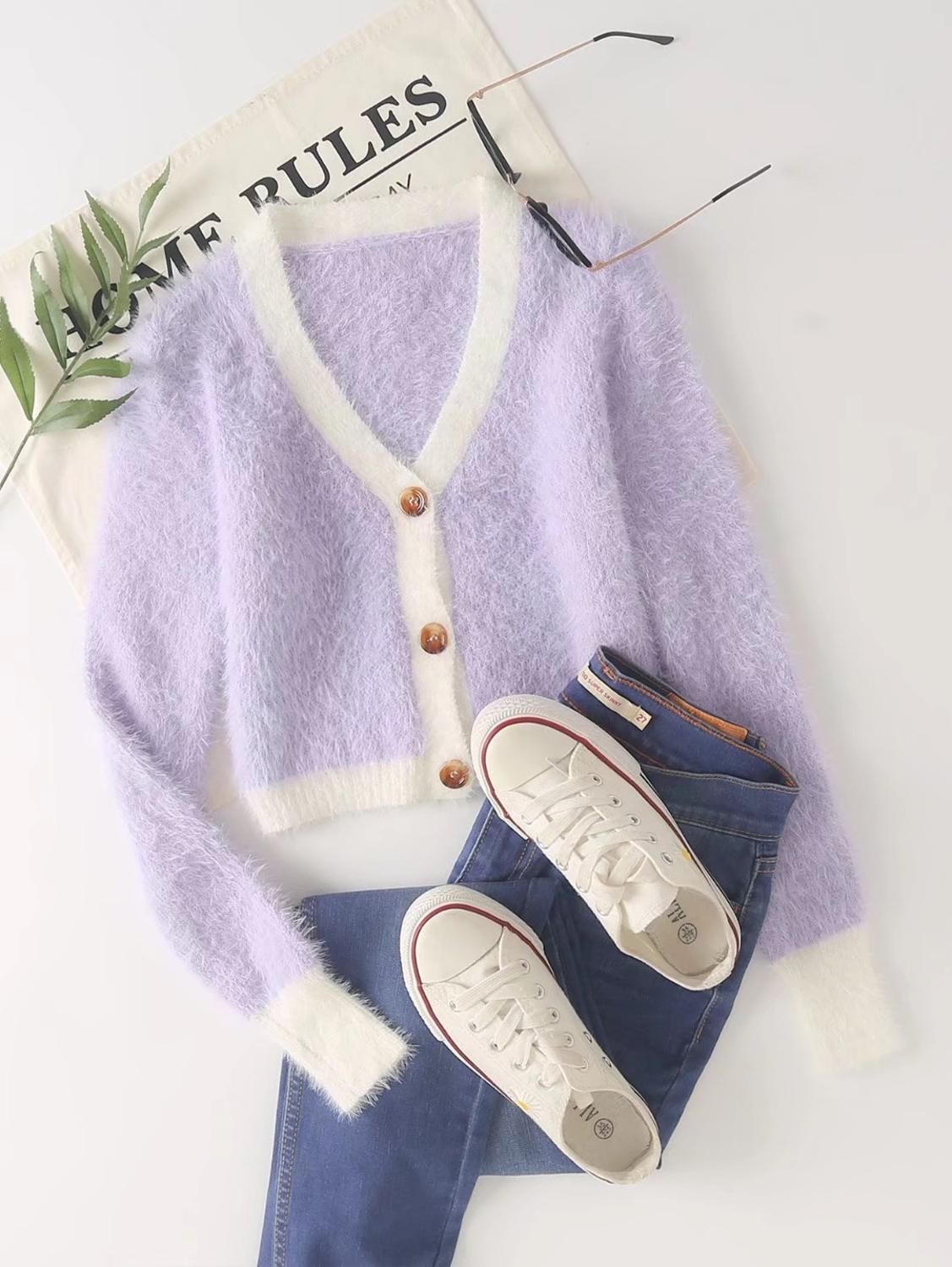 Vrouwen Breien Single-Breasted Button V-hals Cropped Vest Shaggy Trui Cool Girl Blootgesteld Navel Lange Mouwen Jumper