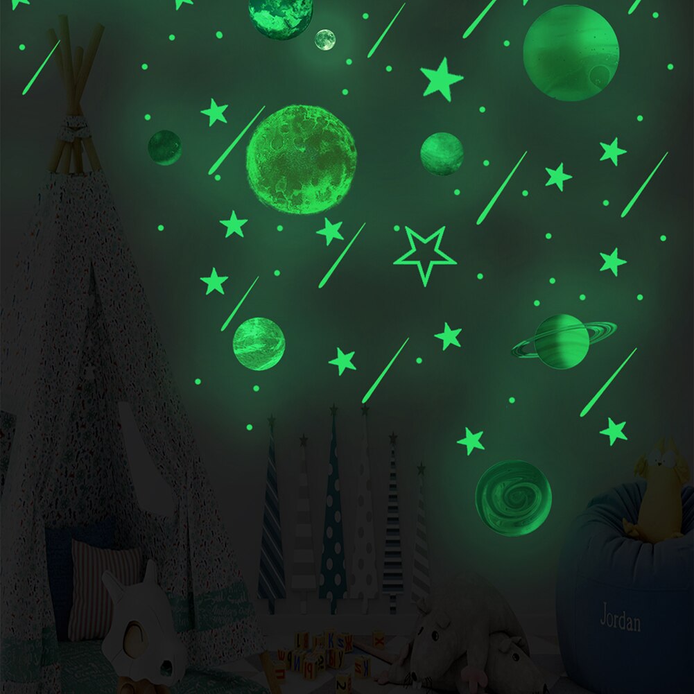 3D Sterren En Maan Planeten Glow In Het Donker Op De Muur Stickers Op De Plafond Gloeiende Kinderkamer Living kamer Sticker Decoratie