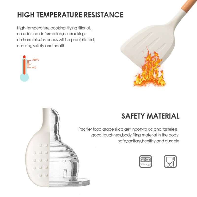 Silicone Kitchen Cooking Tools Set Cook Utensils Kits Non-stick Cookware Wooden Handle Kitchenware Spatula Shovel Baking Gadgets