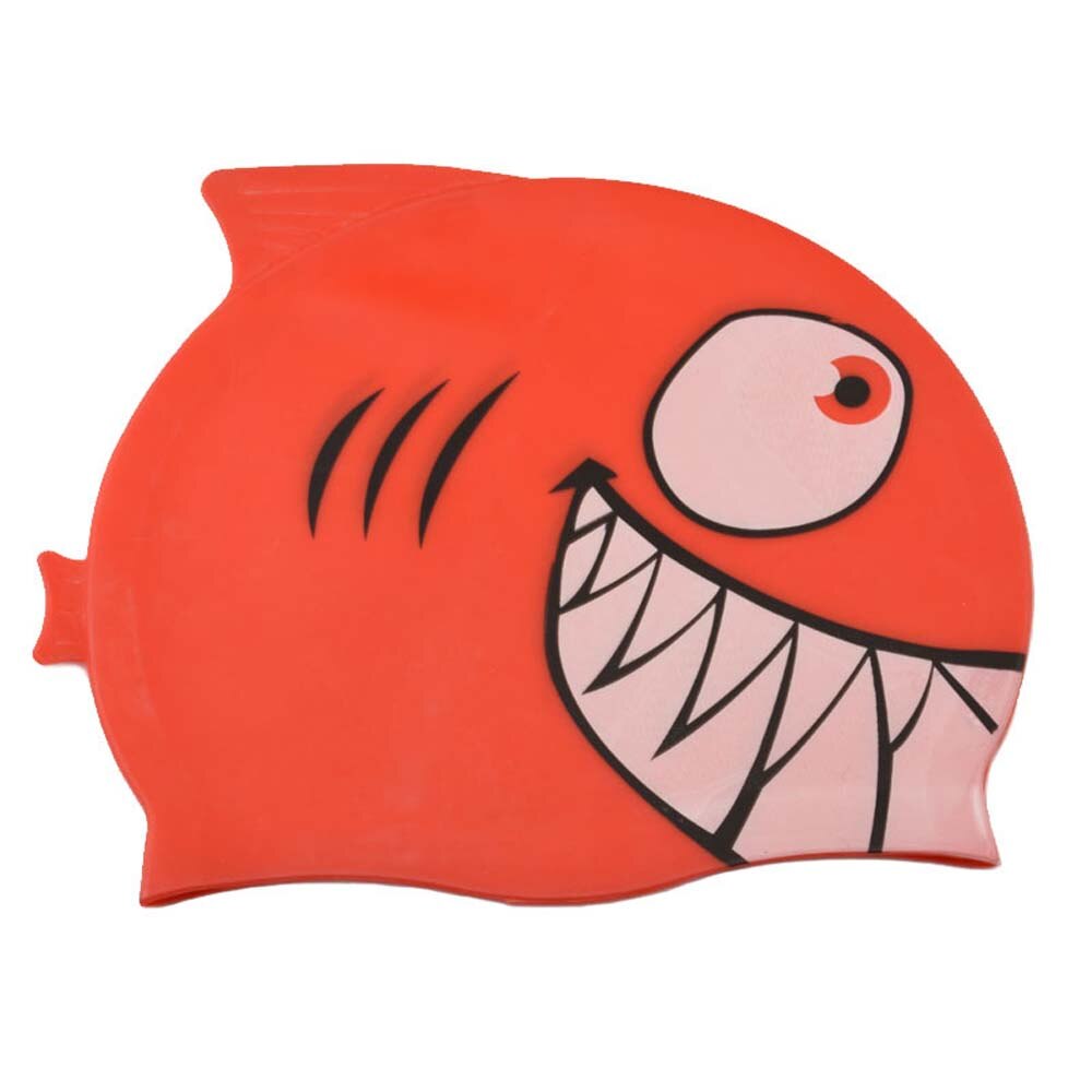 Gorro de natación con tiburón de dibujos animados para niños, gorro de piscina de silicona, impermeable, protege las orejas, equipo de natación para niños y niñas: red