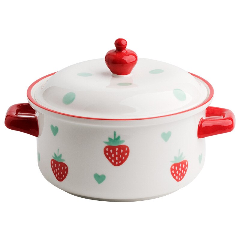 Strawberry Pattern Ceramic Bowl with Double Handles and Cover 700ml Noodle Bowl Soup Bowl Classical Style