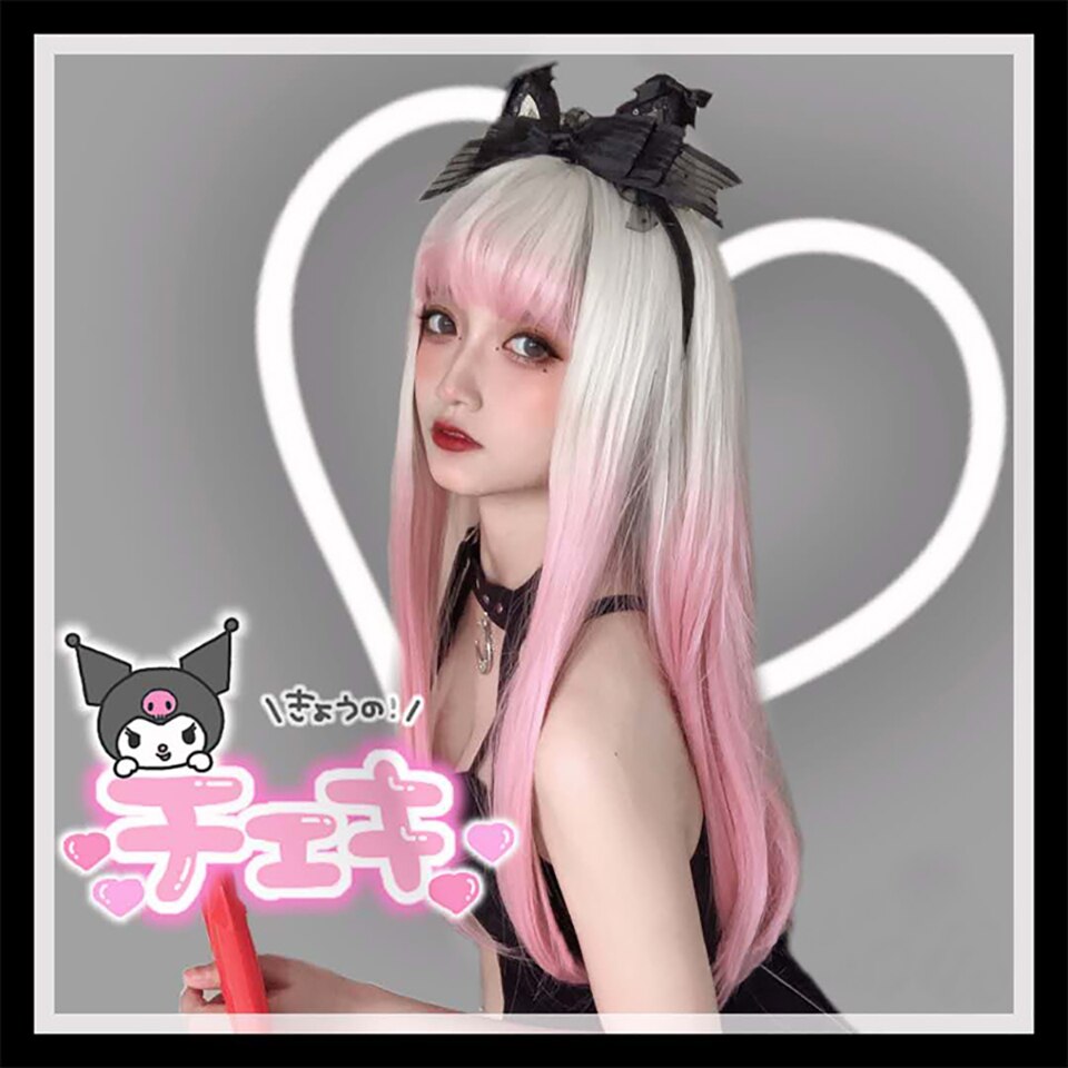 MEIFAN largo recto Cosplay de Lolita casco peluca sintética con flequillo mujer blanco Ombre pelo Rosa degradado peluca chica