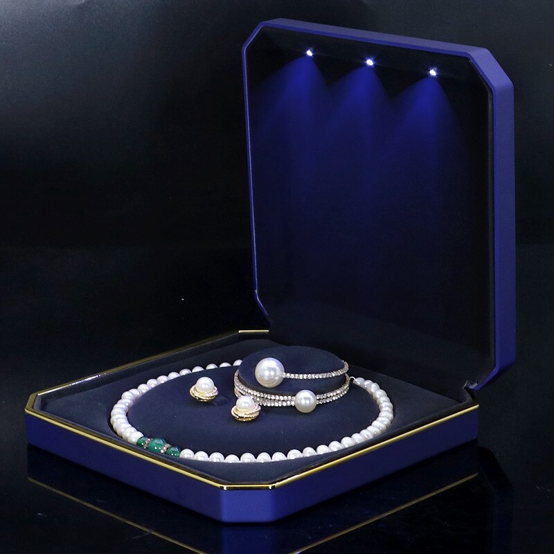 LED bijoux grand ensemble boîte organisateur perle boucle d'oreille collier affichage coffrets pour mariage pliable en plastique bijoux mallette de rangement: Blue style 1