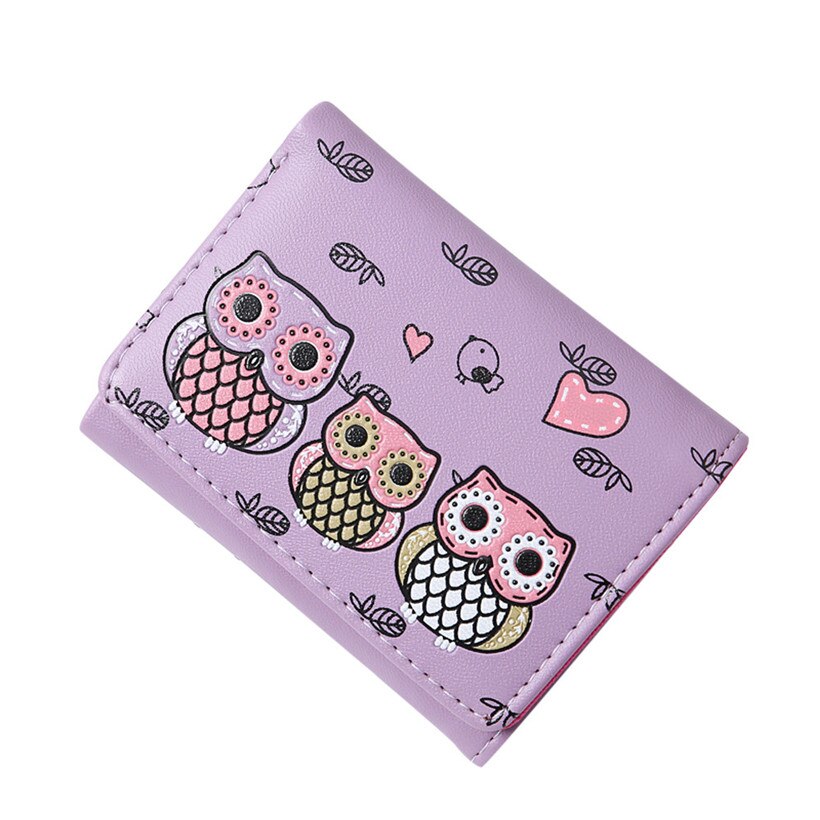 dessin animé hibou dessins court sac à main femmes portefeuille main de dame avec un petit sac de boucles aimable étudiant fille: Purple