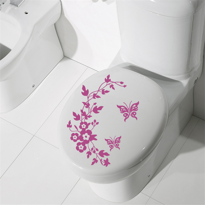 Pegatina de mariposa y flor para inodoro, pegatinas extraíbles de pared para habitación de niños, papel tapiz para decoración de inodoro, 1 ud.: Morado