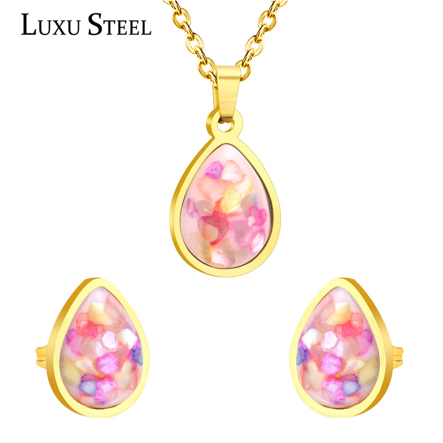 LUXUSTEEL 316L Stainless Steel Enamel Jewelry Sets Water Pendant Necklace Earring Sets collares Chains Necklaces