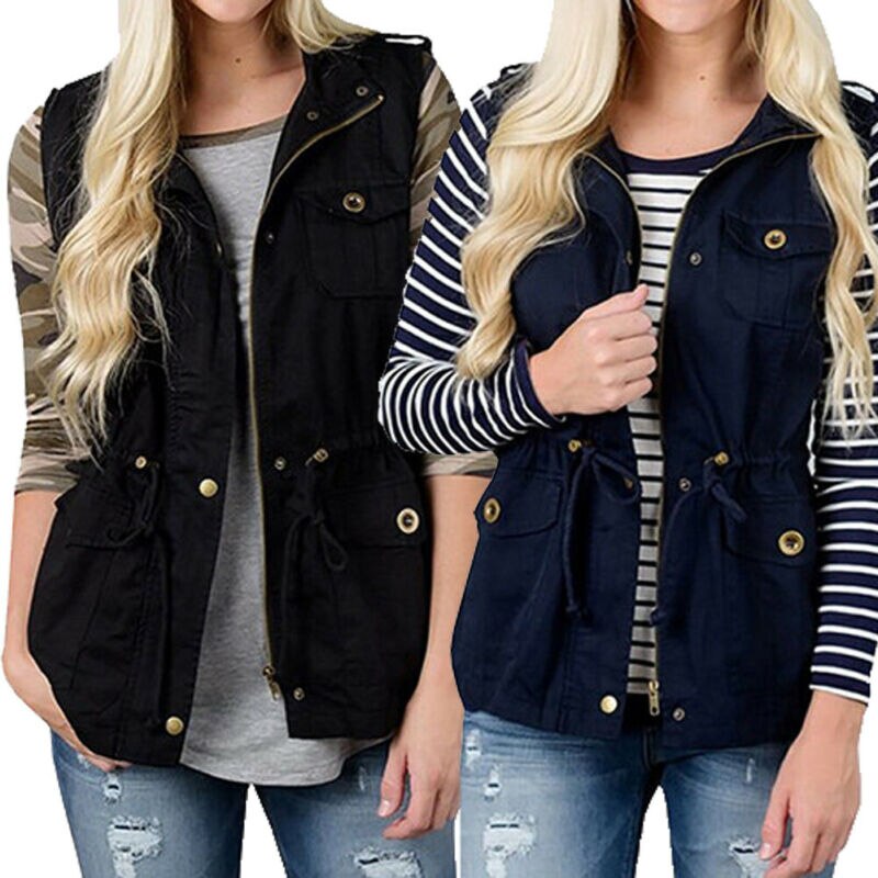 Womens Olive Cargo Utility Safari Vest with Pockets Drawstring Army Top Jacket Coat Autumn Clothes