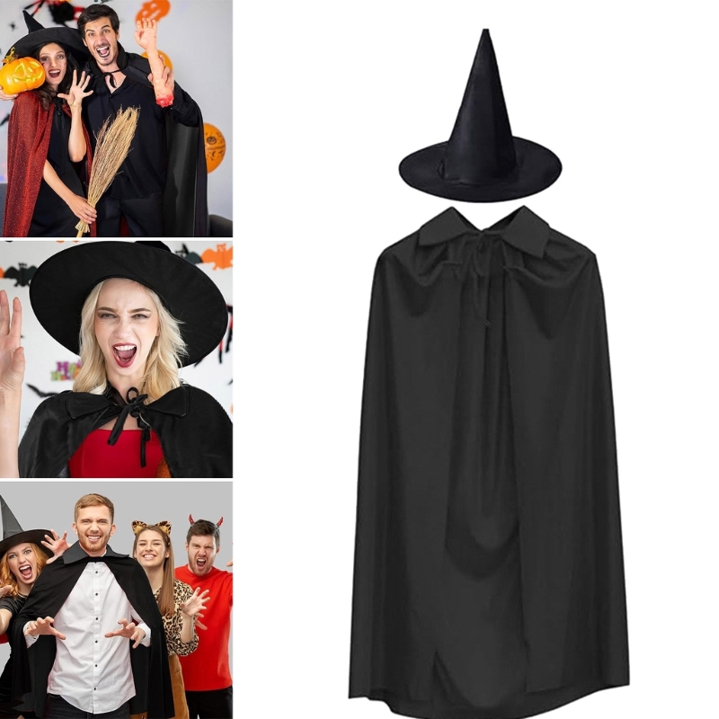 Mantello nero Cosplay Mantello lungo medievale Festa di Halloween Donna Uomo Adulto Lungo mago Stregoneria Wicca Abito cappello set Costume da strega