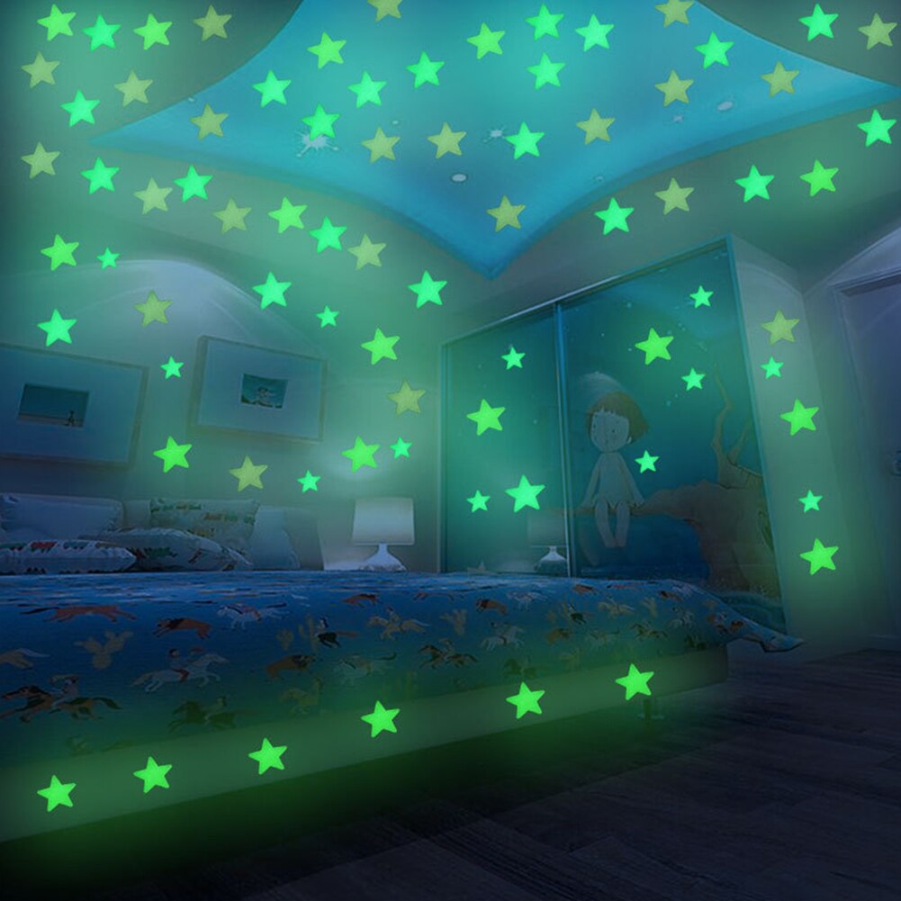 100 Pcs 3d Star And Moon Energy Storage Fluorescent Glow In The Dark Luminous On Wall Stickers For Kids Room Living Room Decal