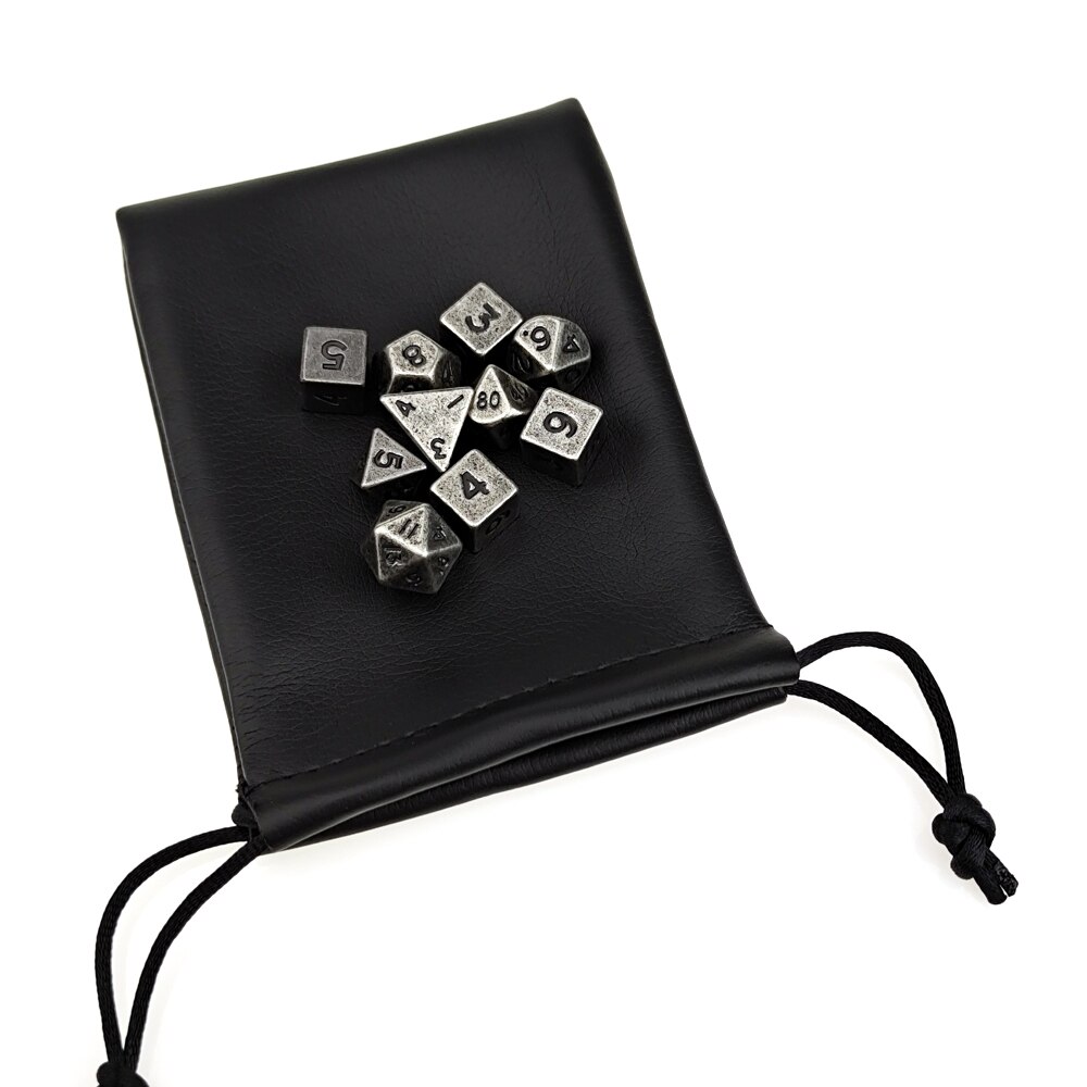 10mm Mini DND Metal Dice 7 Die Set + 3 Extra D6s Total 10pcs Antique Silver Finish with Pouch for RPG Games