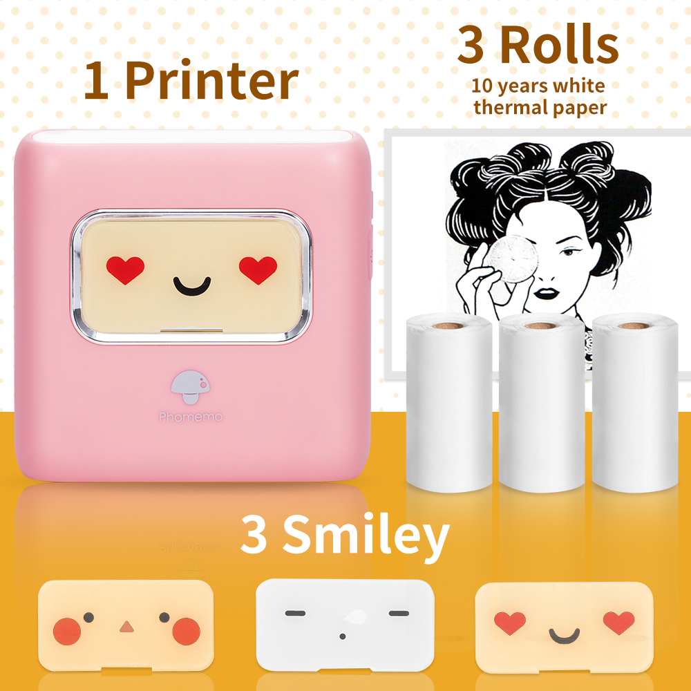 Phomemo M02E Pocket Thermal Picture Mini Printer Clear Printing Label Sticker Maker Wireless Photo Printing for Christmas: Pink-Q22-RM10