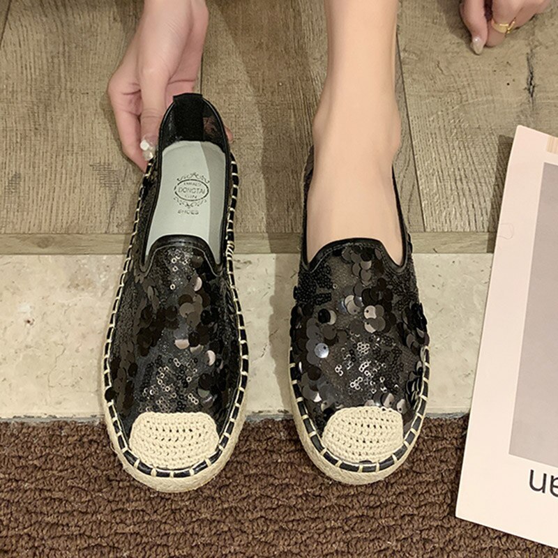 Zomer dames flats bling loafers kant instappers platte schoenen mesh espadrilles glitter dames bootschoen weven zapatos mujer 8043l: Zwart / 37