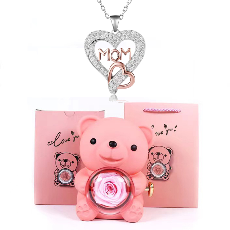 Collares con colgante de mamá de circón en forma de corazón con caja de de flor rosa de oso bonito adecuada para Navidad Día de la madre sorpresa romántica: Chapado en zinc azul
