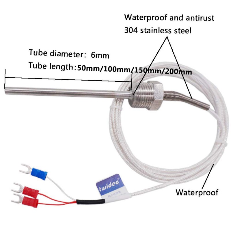 PT100 Temperature Sensor Probe 3 Wire Temperature Controller -200~250℃ Waterproof and Antirust 304 Stainless Steel Thermocouple