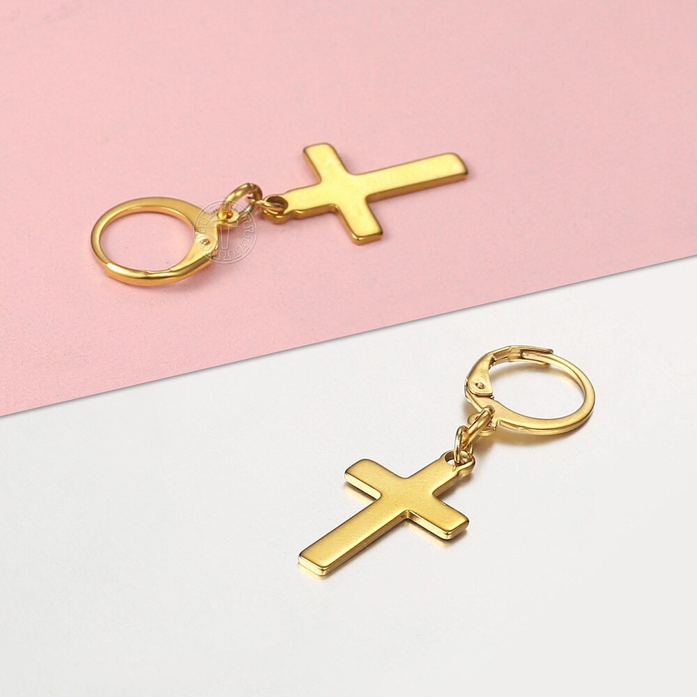 Cross Pendant Earrings For Men Women Simple Gold Color Stainless Steel Dangle Earrings Christian Punk Jewelry LKE209