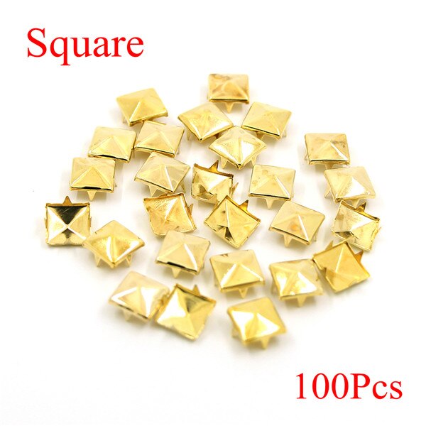 100 st 4 klonitar för kläder runda fyrkantiga metalldubbar och spikar pyramidnitar för lädernitar gör-det-själv-skor punktillbehör: Guld kvadrat / 9mm