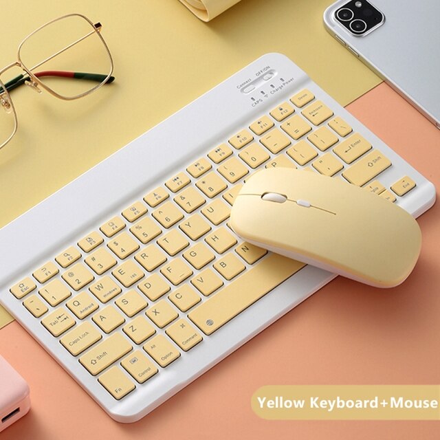 Per iPad tastiera e Mouse Combo tastiera Bluetooth Wireless Teclado per iPad Xiaomi Samsung Huawei Tablet Android IOS Windows: Yellow and Mouse