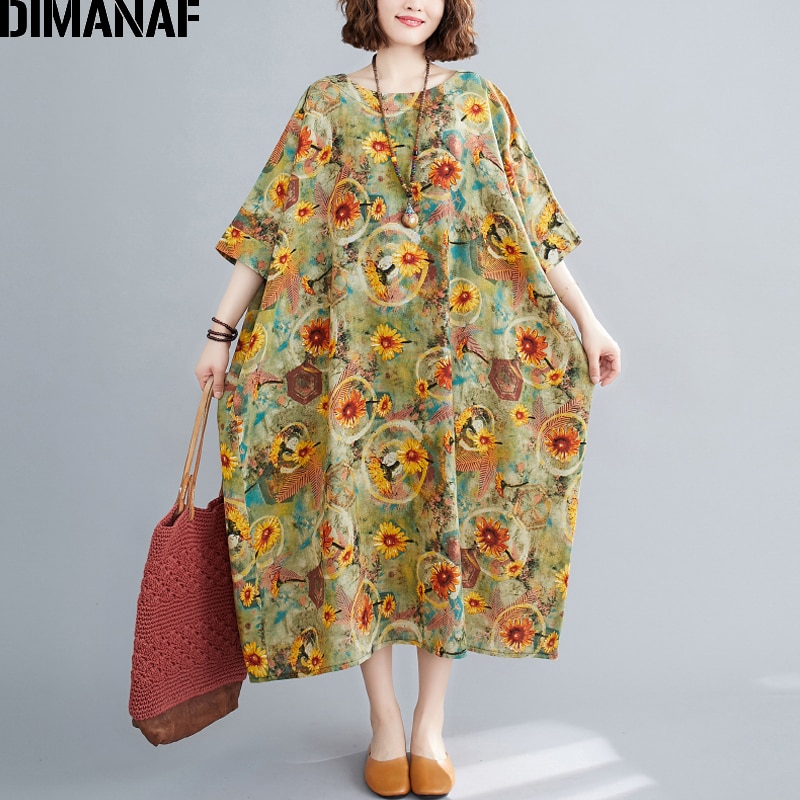 DIMANAF Summer Plus Size Dress Women Clothing Sundress Linen Floral Print Lady Vestido Loose Long Dress Oversize 5XL 6XL