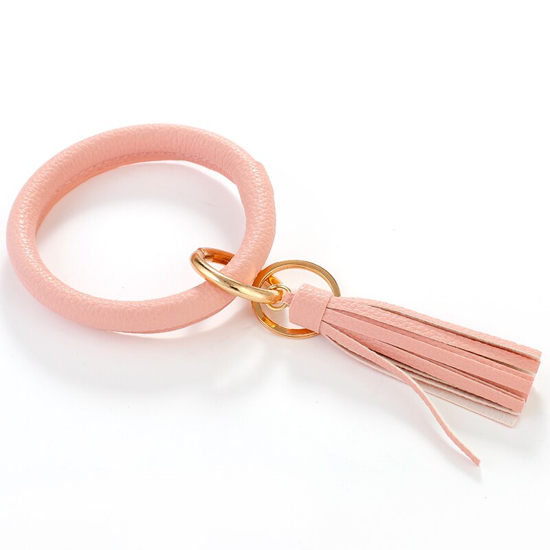 ALLYES Tassel Round Wristlet Keychain for Women Girls Charm Leather Bangles Key Chain Jewelry: Pink